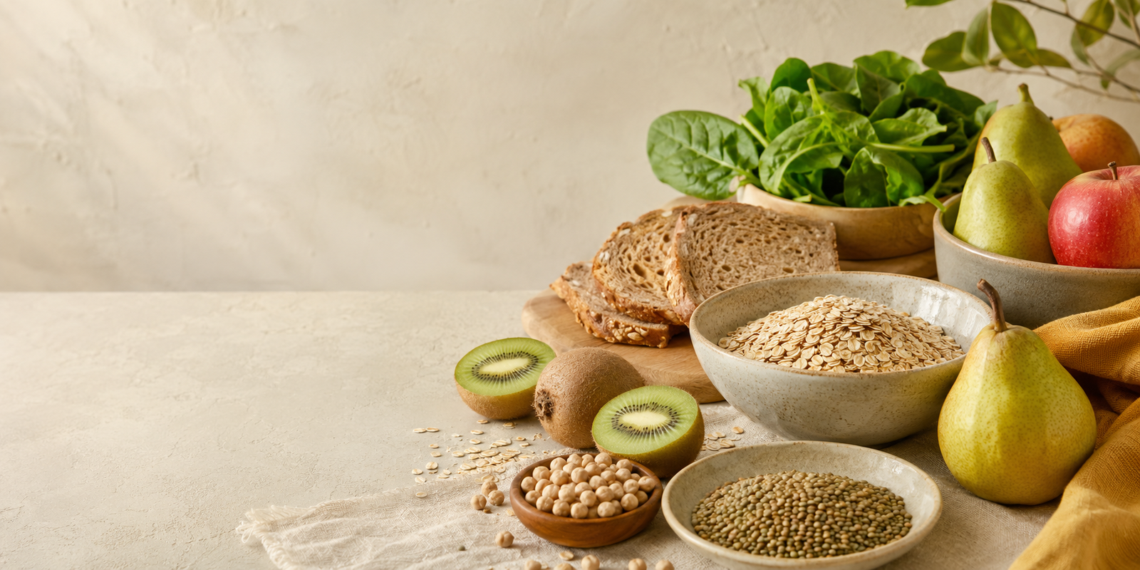 Selección de cereales integrales, semillas, frutas y verduras ricas en fibra