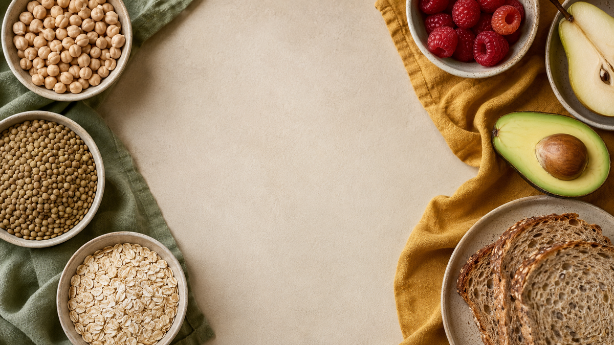 Selección de legumbres, cereales, semillas, frutas y verduras ricas en fibra