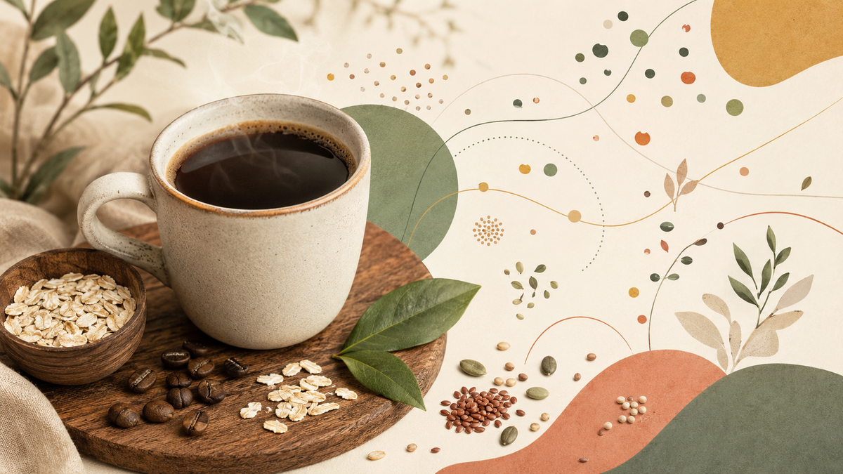 Taza de café acompañada por avena, semillas y formas orgánicas que evocan la microbiota