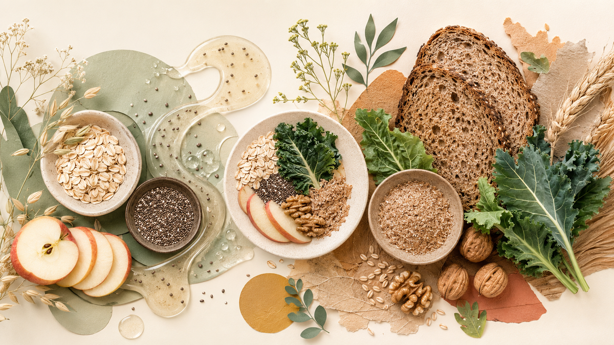Fuentes de fibra soluble e insoluble representadas con avena, fruta, semillas, pan integral y verduras