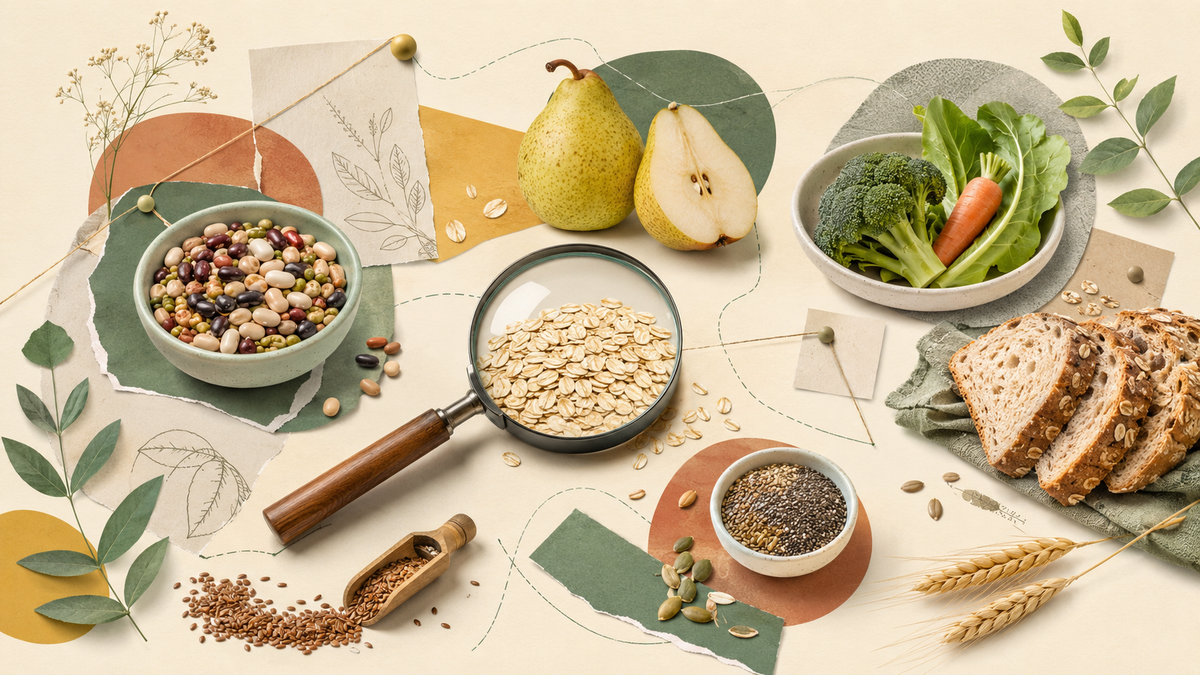 Alimentos ricos en fibra observados con una lupa como símbolo de investigación y comprobación