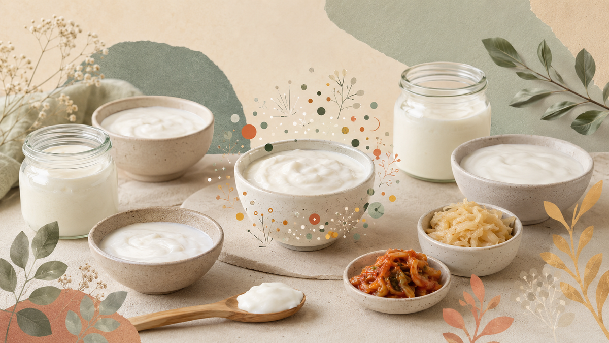 Distintos yogures y alimentos fermentados presentados en una composición orgánica sin marcas comerciales