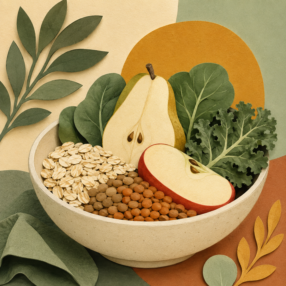 Cuenco de cereales, fruta y verduras para comer más fibra